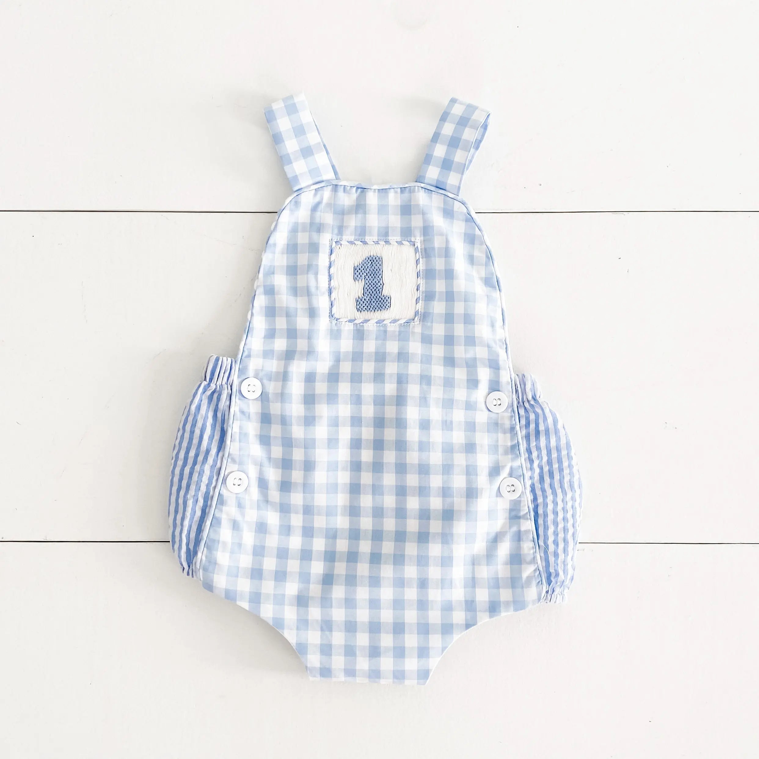 Smocked blue baby boy first birthday bubble outfit