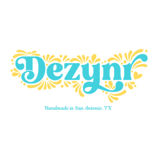 DEZYNR handmade polymer clay earrings and Latina jewelry logo