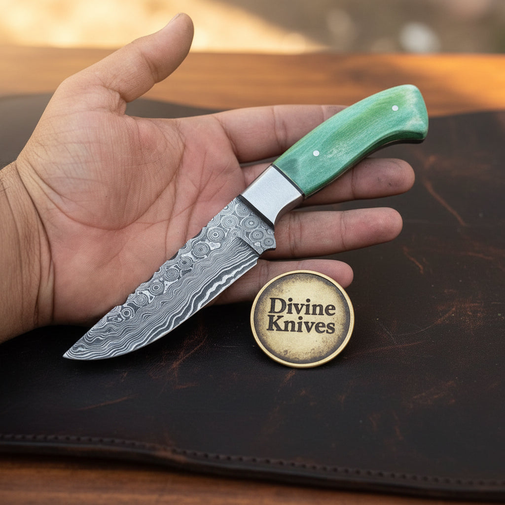 Green Damascus Drop Point Hunter with Mosaic Ricasso Pattern detail view by Divine Knives