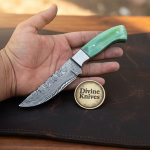 Green Damascus Drop Point Hunter with Mosaic Ricasso Pattern detail view by Divine Knives