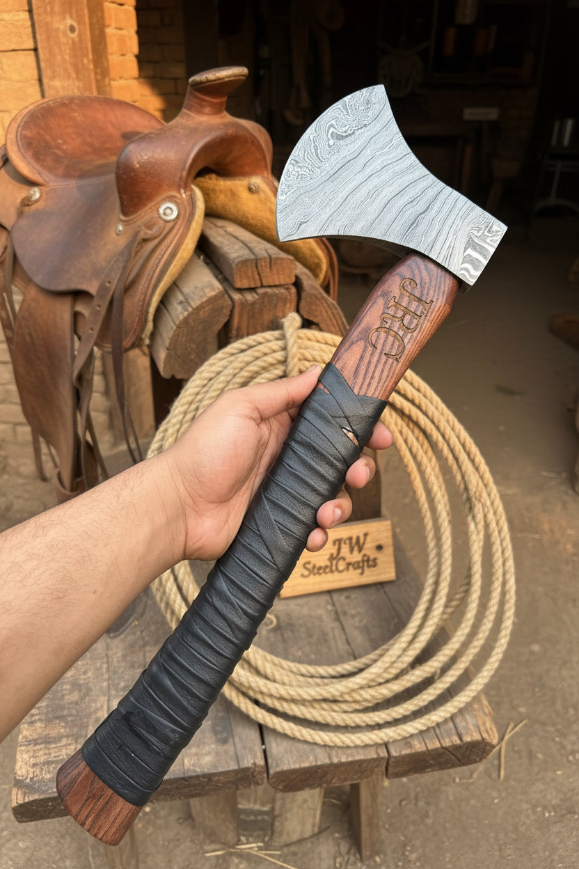 Heavy Duty Damascus Camp Axe with Leather Wrap Handle and Sheath, Hand-Forged Bushcraft Axe | JW SteelCrafts by JW SteelCrafts, leather knife sheath detail photo 5