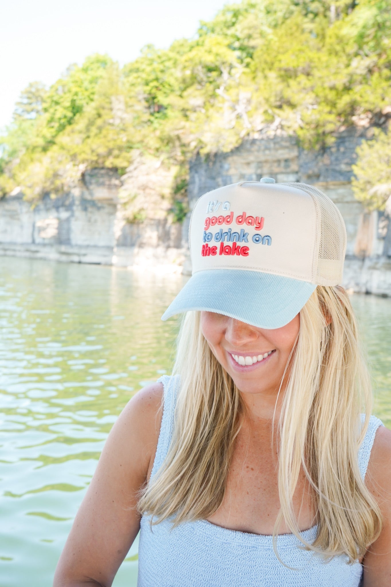 Good Day to Drink on the Lake - Baby Blue Corduroy Hat by KenzKustomz — product view 8