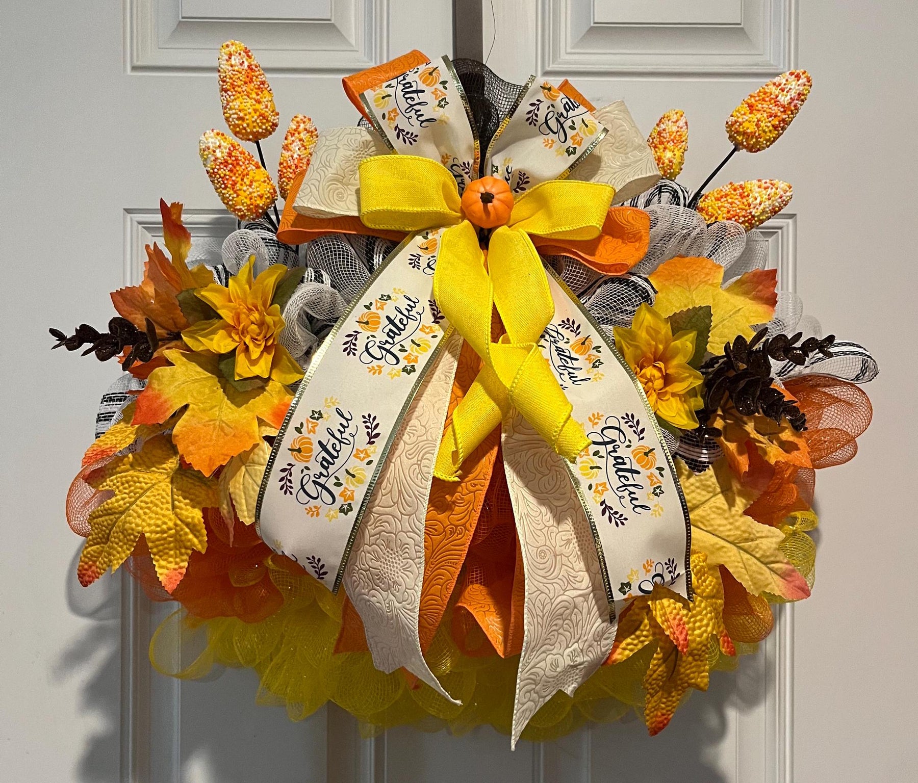 Give Thanks Thanksgiving Wreath | Pumpkins & Autumn Leaves by Bouge Creations, view 2