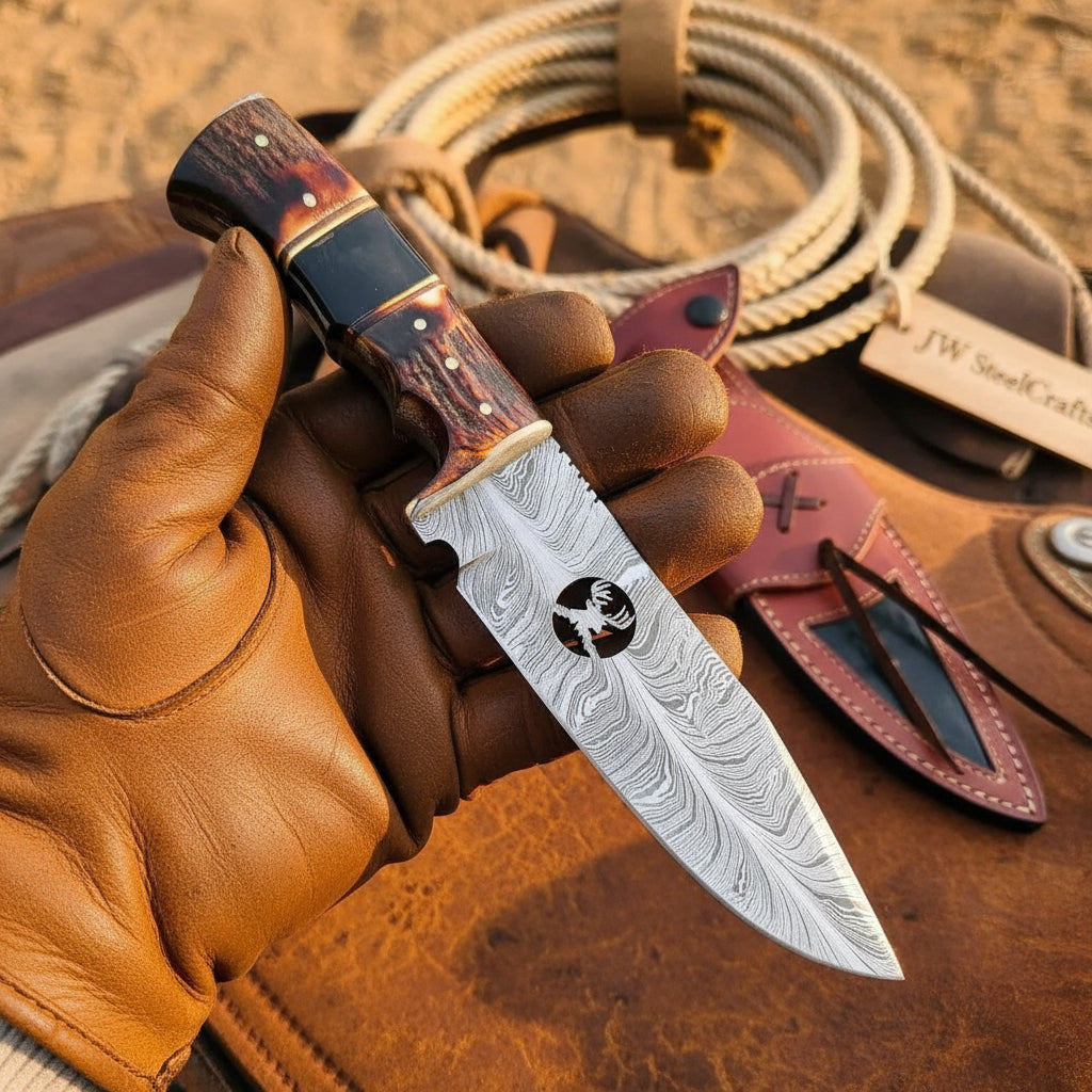 Texas Star Damascus Bowie Knife 11" by JW SteelCrafts