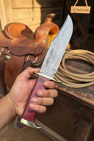 Handmade Damascus Clip Point Bowie Utility Knife Fixed Blade Pakka Wood Handle with Guard detail view by JW SteelCrafts