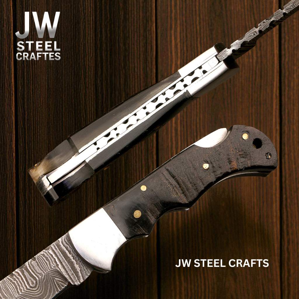 American Flag Damascus Folding Hunter with Ram Horn Handle detail view by JW SteelCrafts