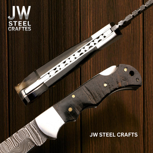 American Flag Damascus Folding Hunter with Ram Horn Handle detail view by JW SteelCrafts