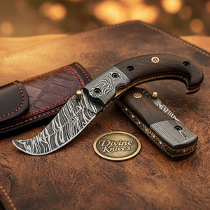 Rosewood Damascus Scimitar Folder with Curved Blade and Rich Wood Grip