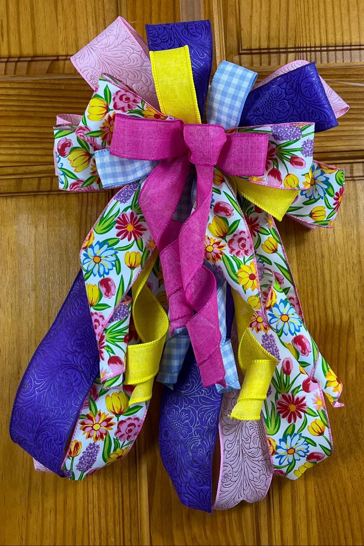 Spring Floral Wreath Bow | Pink, Yellow & Purple by Bouge Creations, view 3
