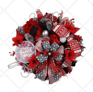 Red Poinsettia Christmas Wreath | Gold Plaid Door Decor by Bouge Creations, view 2