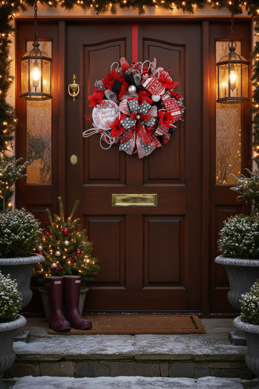 Merry Christmas Wreath | Traditional Christmas Front Door Wreath | Red Silver Farmhouse Holiday Decor | Handmade Christmas