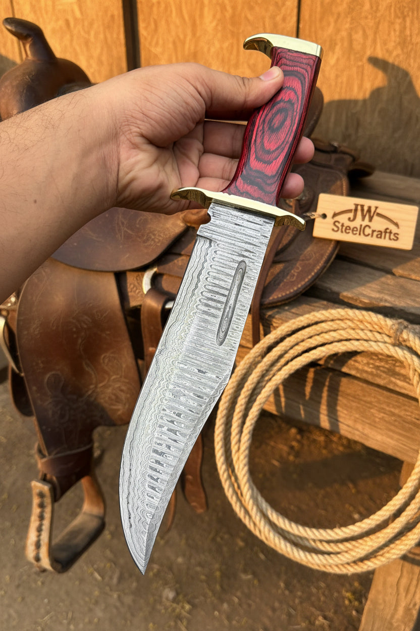 Handmade Damascus Clip Point Bowie Utility Knife Fixed Blade Pakka Wood Handle with Guard detail view by JW SteelCrafts