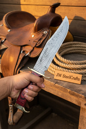 Handmade Damascus Clip Point Bowie Utility Knife Fixed Blade Pakka Wood Handle with Guard detail view by JW SteelCrafts