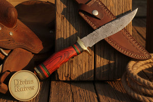 Field-Ready Damascus Gut Hook Knife with Rich Burgundy Wood Grip detail view by Divine Knives
