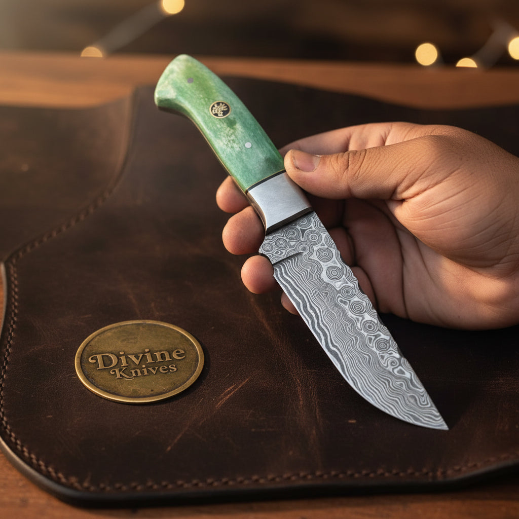 Green Damascus Drop Point Hunter with Mosaic Ricasso Pattern detail view by Divine Knives