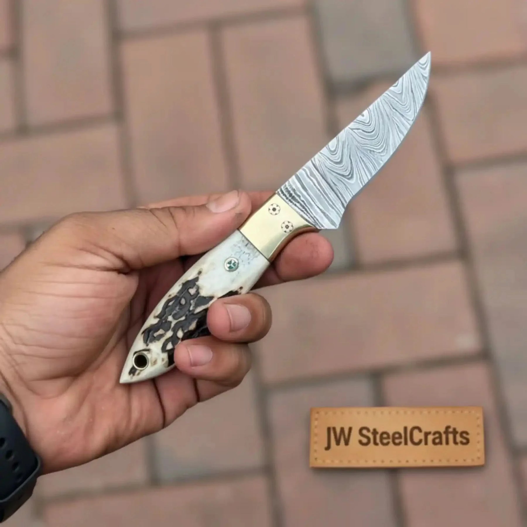 Handmade Damascus Drop Point EDC Knife Fixed Blade Stag Handle Brass Bolster by JW SteelCrafts, Damascus knife detail photo 3