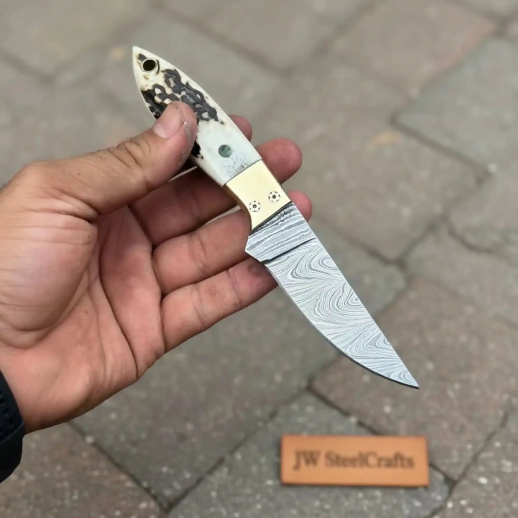 Handmade Damascus Drop Point EDC Knife Fixed Blade Stag Handle Brass Bolster by JW SteelCrafts, Damascus knife detail photo 4