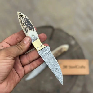 Handmade Damascus Drop Point EDC Knife Fixed Blade Stag Handle Brass Bolster by JW SteelCrafts, Damascus knife detail photo 2