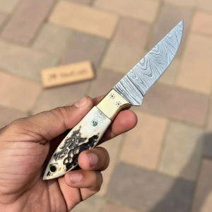 Handmade Damascus Drop Point EDC Knife Fixed Blade Stag Handle Brass Bolster by JW SteelCrafts, Damascus knife main product photo