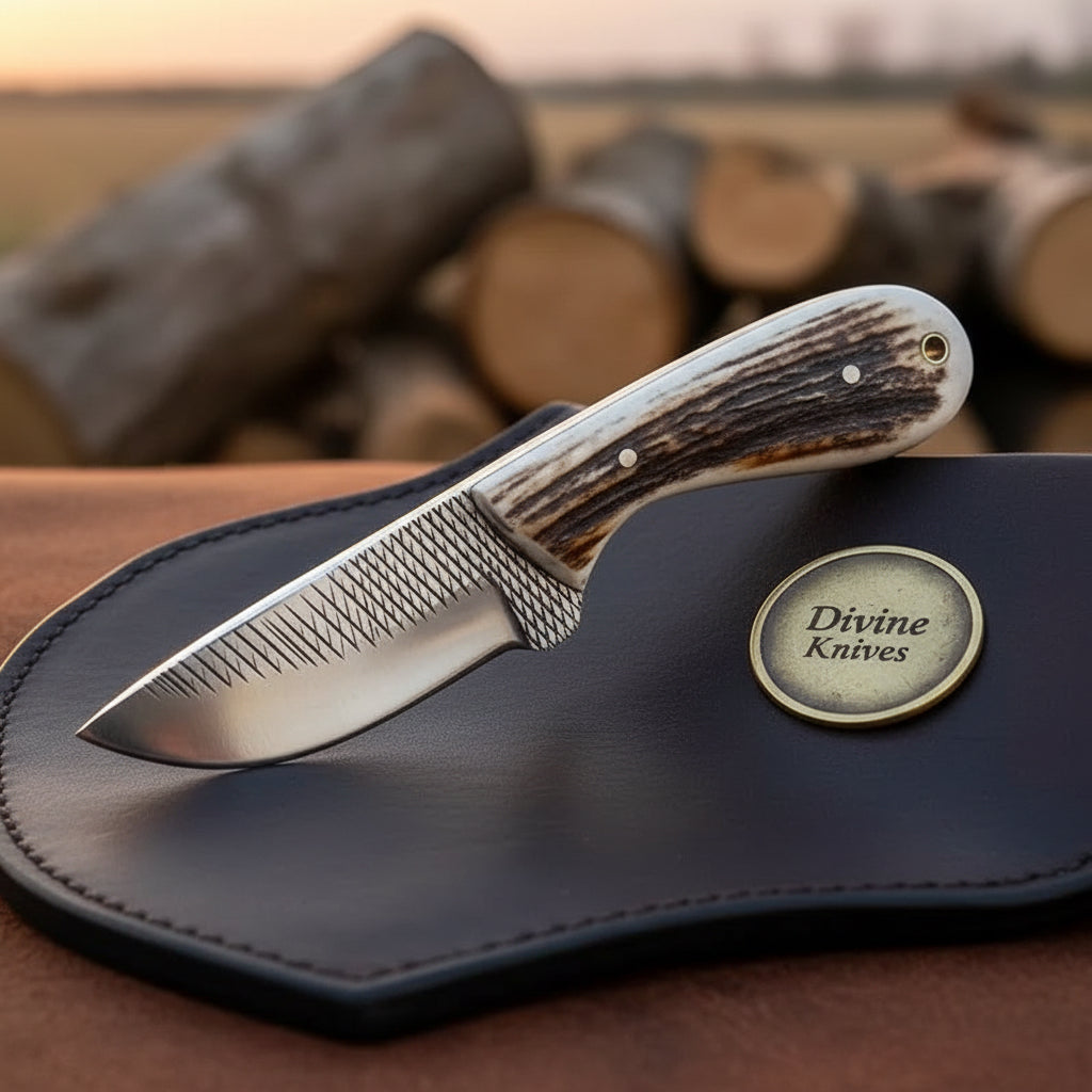 Cross-Hatch Stag Drop Point Hunter Knife for Hunting and Outdoor Tasks