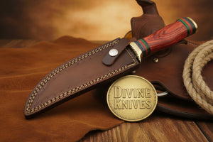 Field-Ready Damascus Gut Hook Knife with Rich Burgundy Wood Grip detail view by Divine Knives