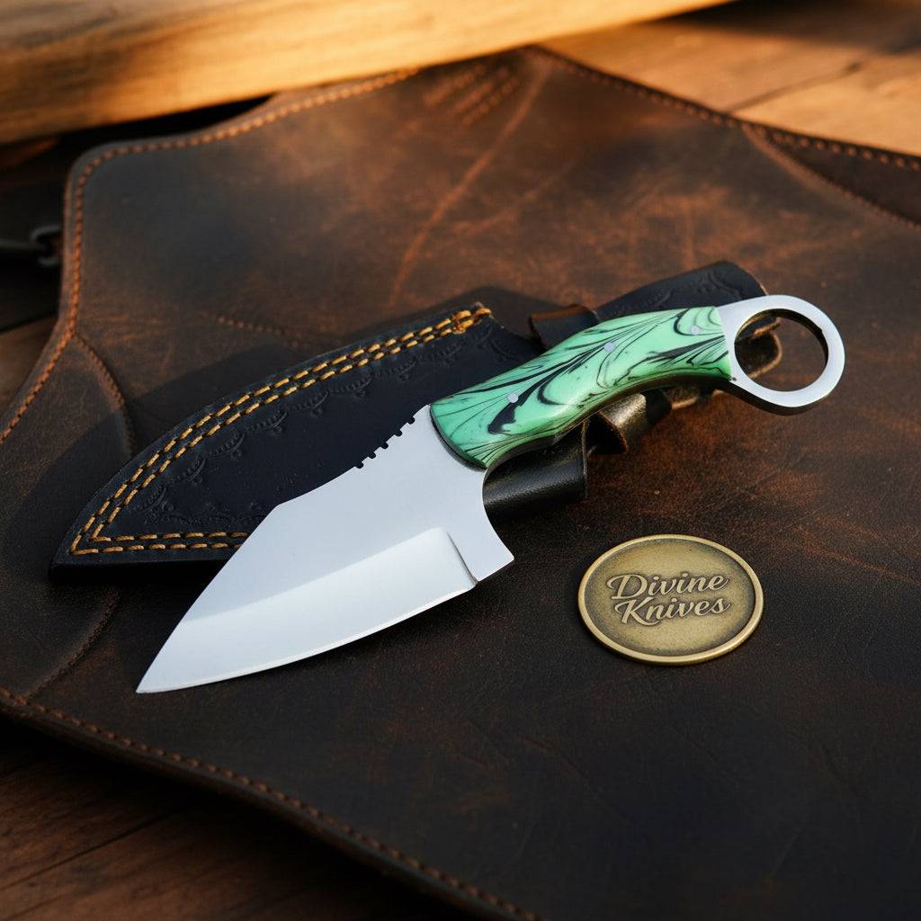 Green Acrylic Ring Skinner Knife with Forged by Divine Knives