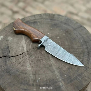 Handmade Damascus Drop Point Hunting Knife with Rose Wood Handle by JW SteelCrafts, Damascus knife main product photo
