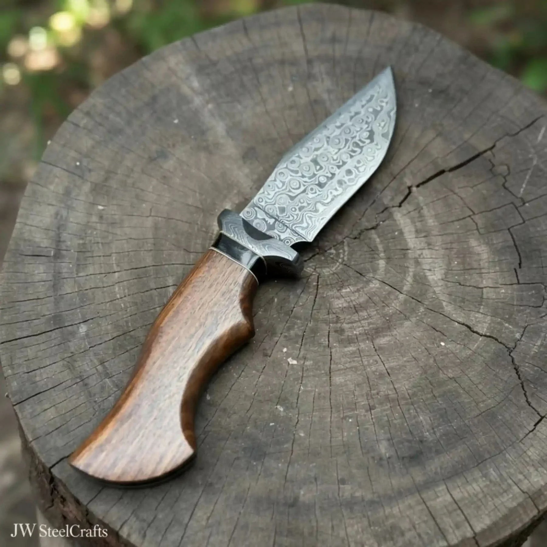 Handmade Damascus Drop Point Hunting Knife with Rose Wood Handle by JW SteelCrafts, Damascus knife detail photo 2