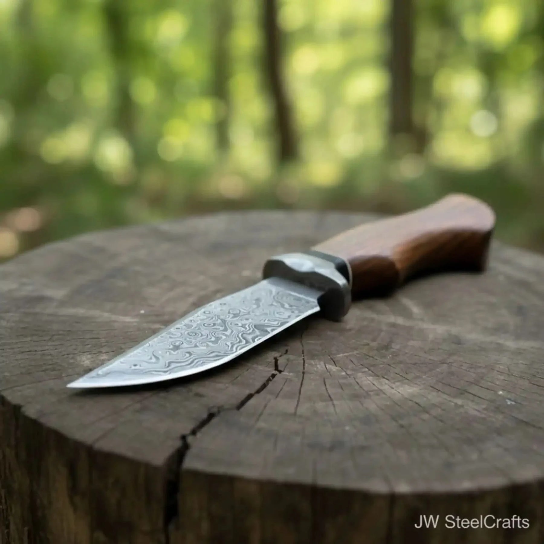 Handmade Damascus Drop Point Hunting Knife with Rose Wood Handle by JW SteelCrafts, Damascus knife detail photo 3