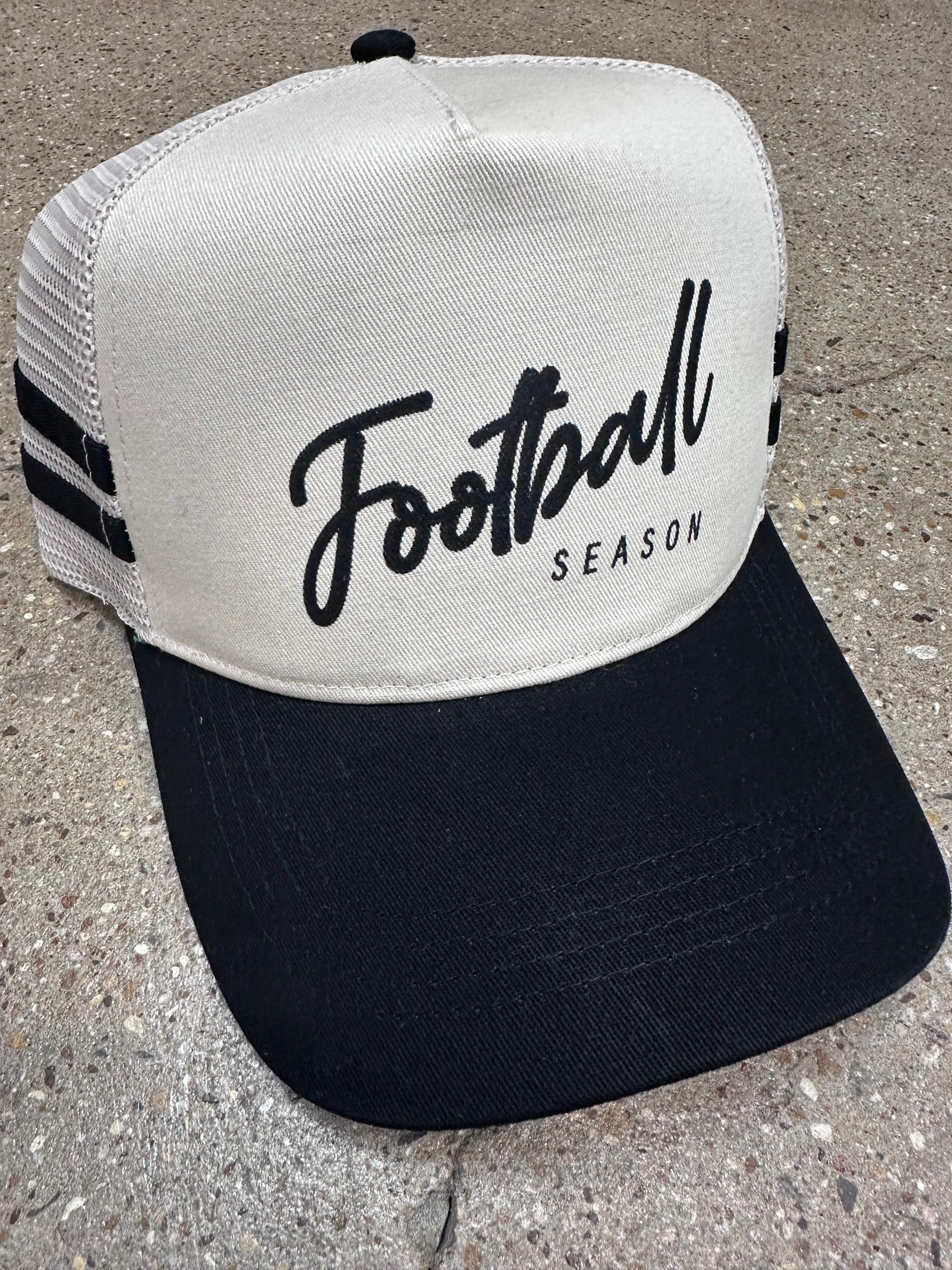 Football Season Black Striped Canvas Trucker Hat detail view by Southern Bliss Company