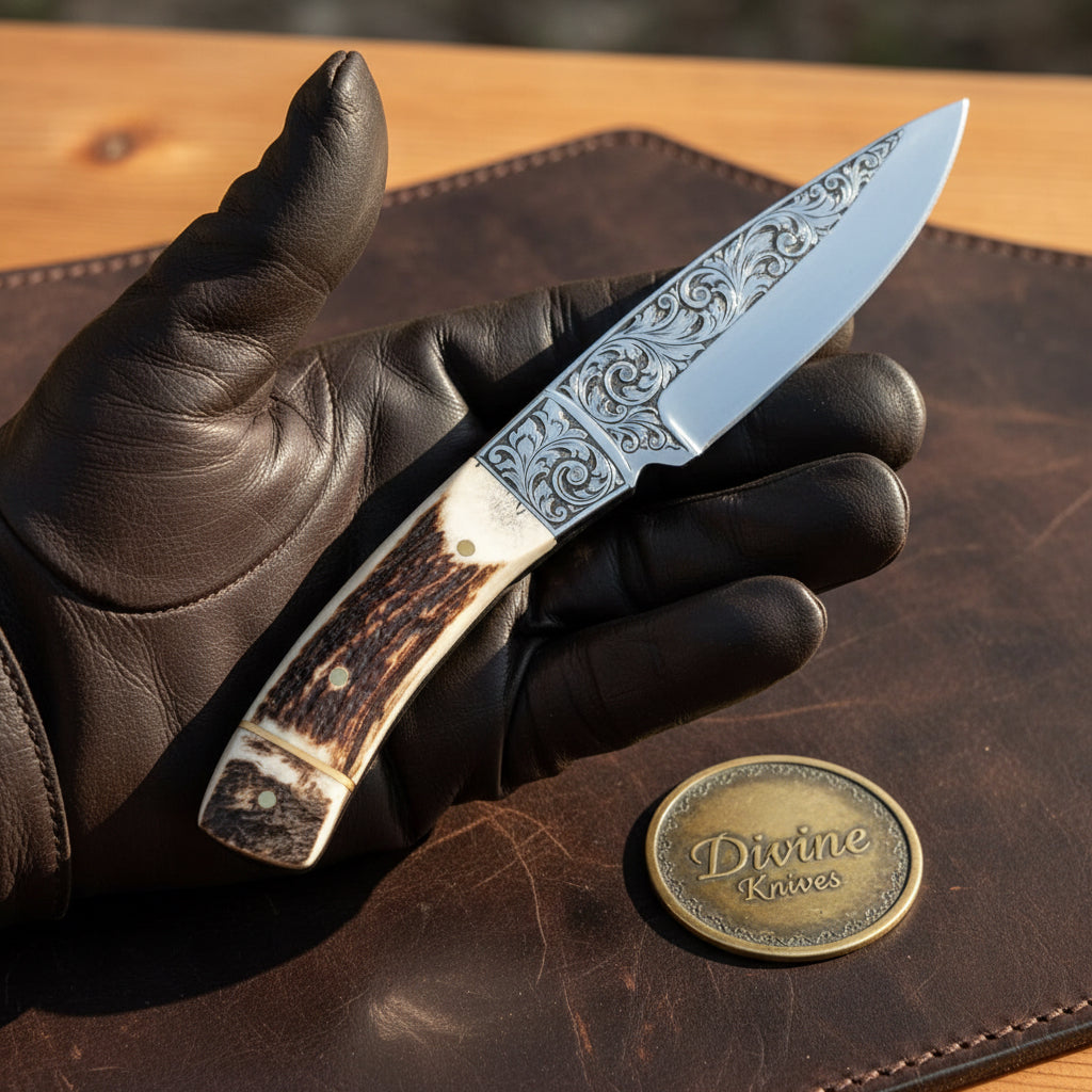 Scroll-Engraved Stag Drop Point Knife with Matching Bolster by Divine Knives