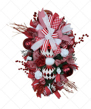 Red & White Ornament Christmas Wreath | Holiday Door Decor handmade by Bouge Creations