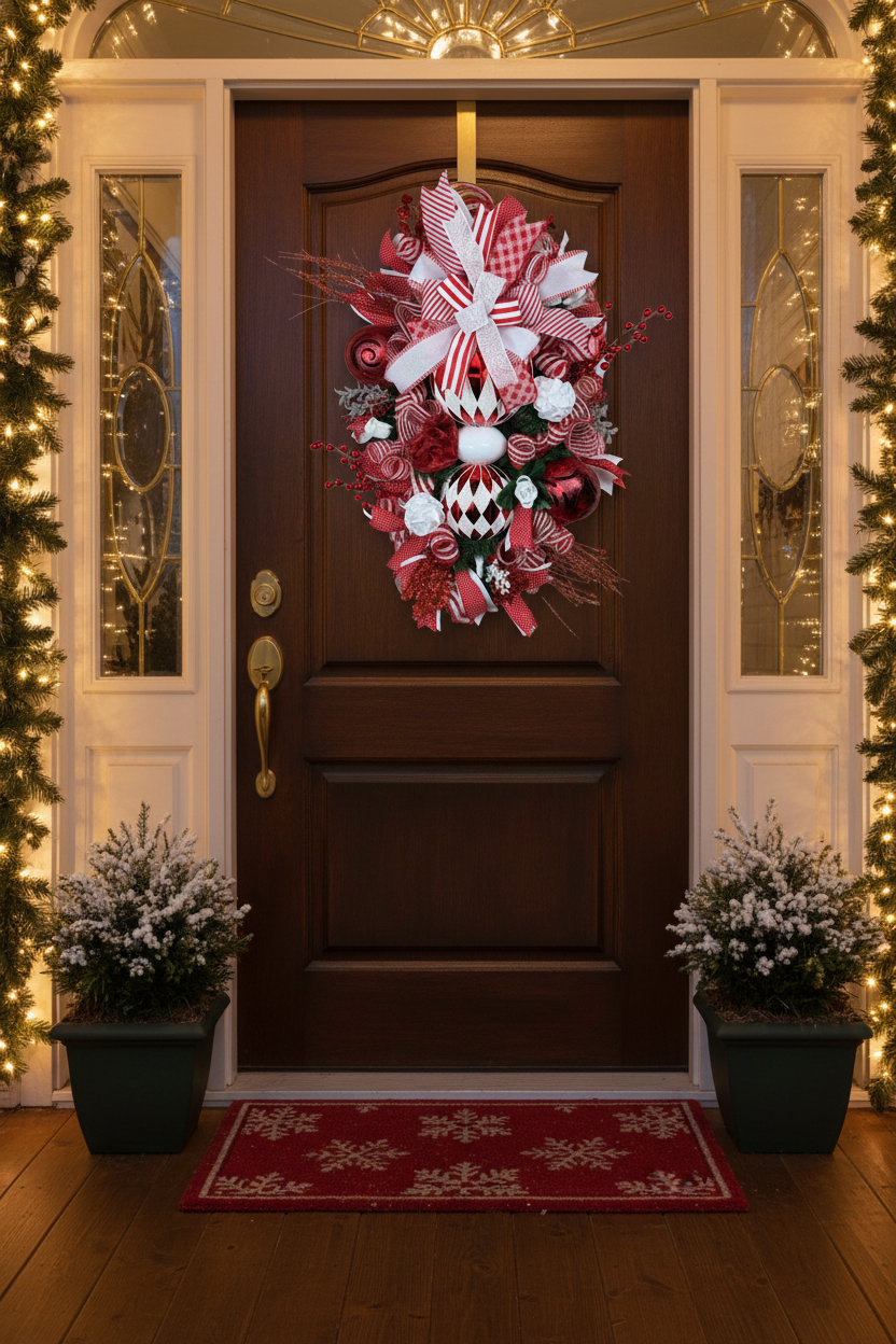 Elegant Stacked Ornament Christmas Wreath | Handmade Red & White Holiday Front Door Wreath | Luxury Christmas Door Hanger