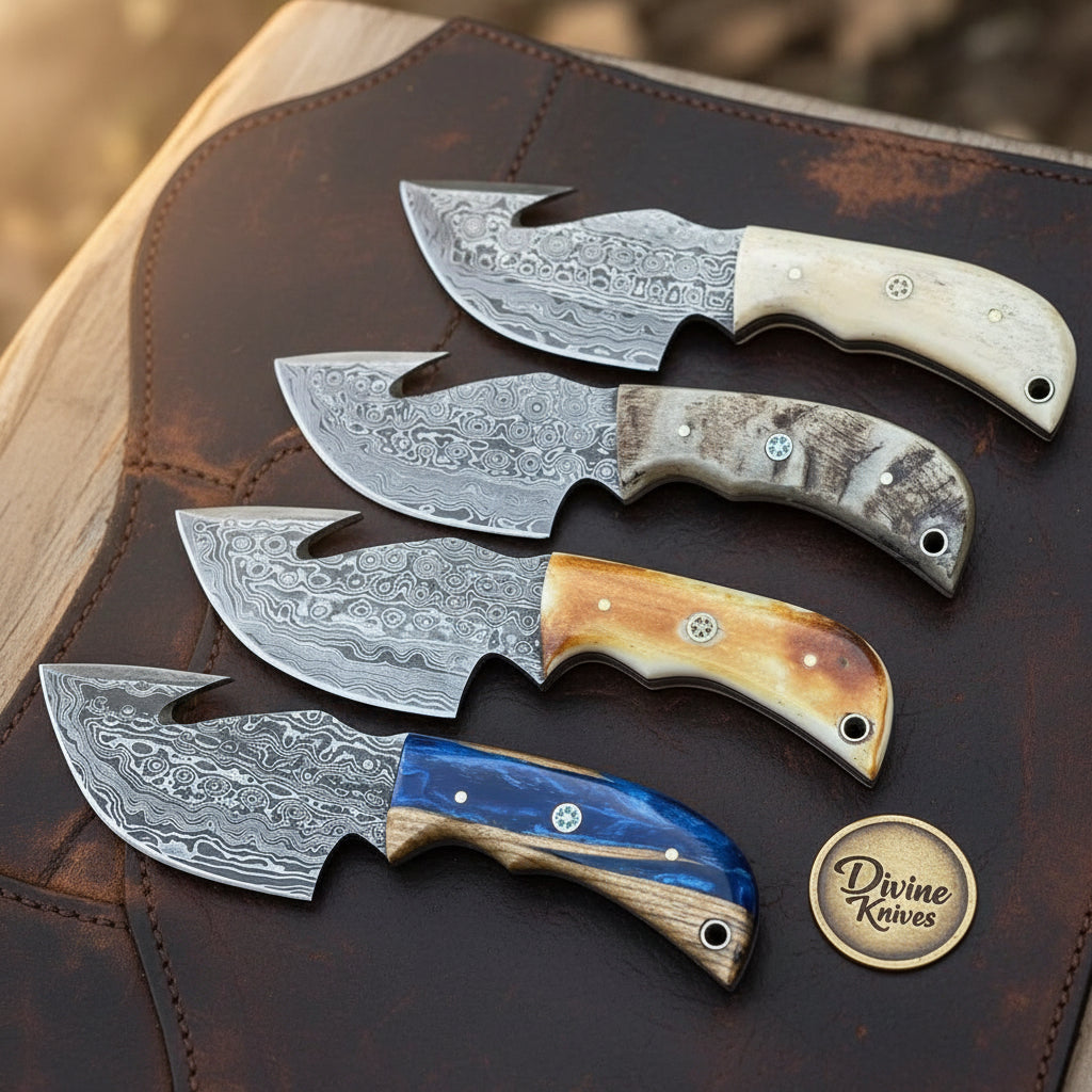 4-Piece Damascus Big Belly Gut Hook Skinner by Divine Knives