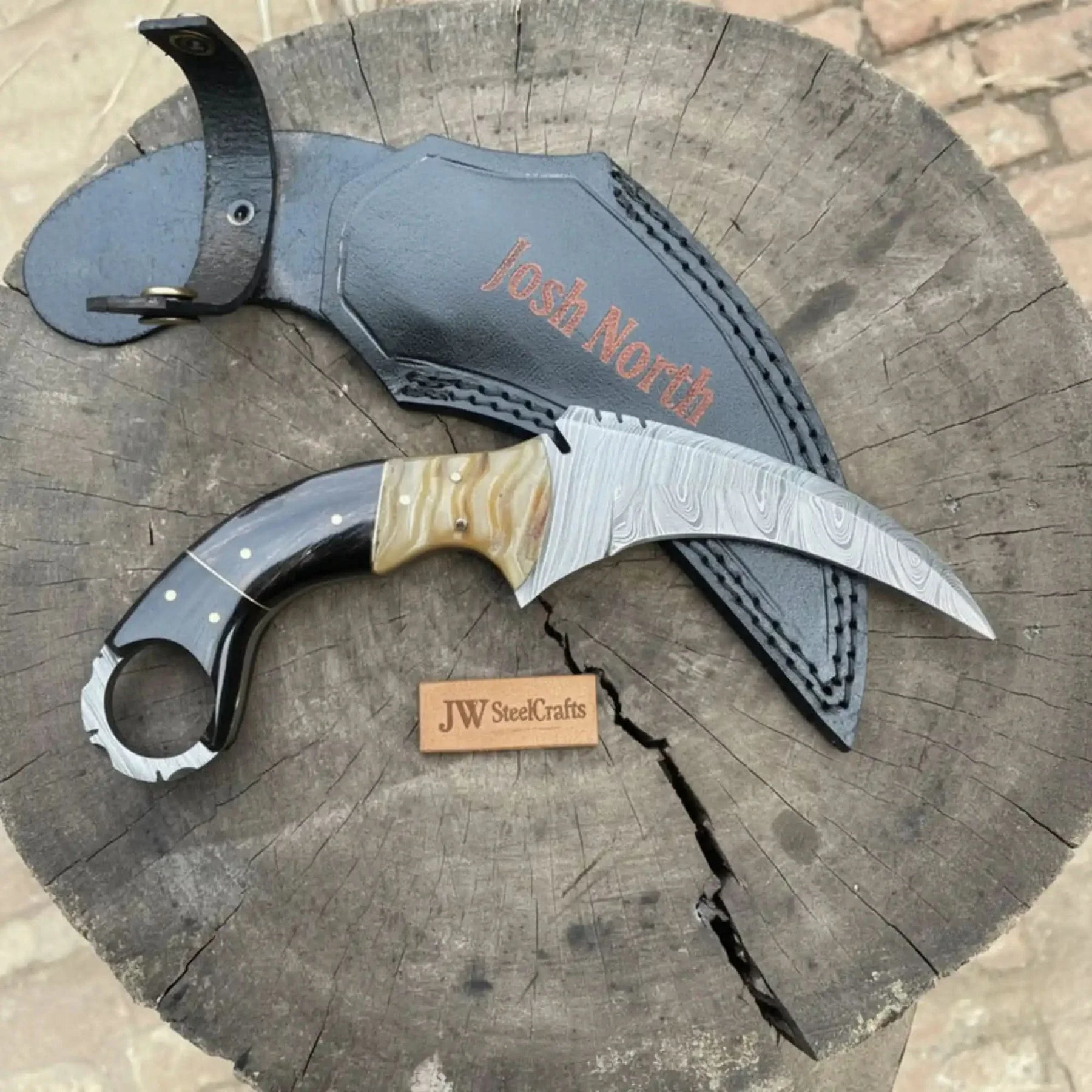 Karambit Style Recurve Knife Damascus Blade Finger Ring Hybrid Handle by JW SteelCrafts, Damascus knife main product photo