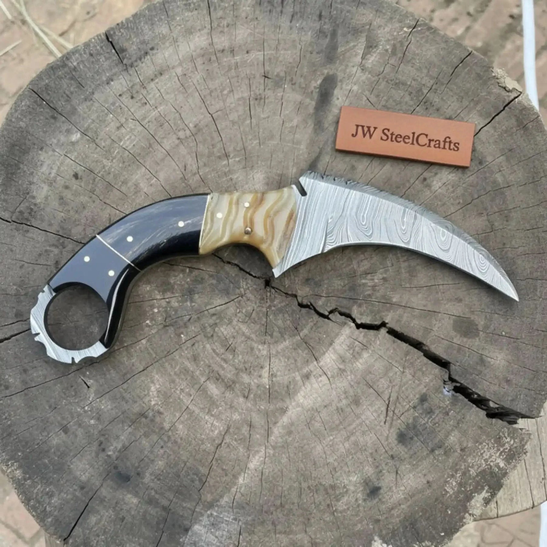 Karambit Style Recurve Knife Damascus Blade Finger Ring Hybrid Handle by JW SteelCrafts, Damascus knife detail photo 4