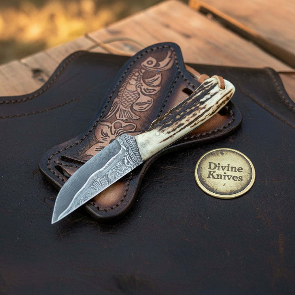 Stag Antler Twist Pattern Skinner Knife with Floral Sheath for Hunters and Outdoor Users