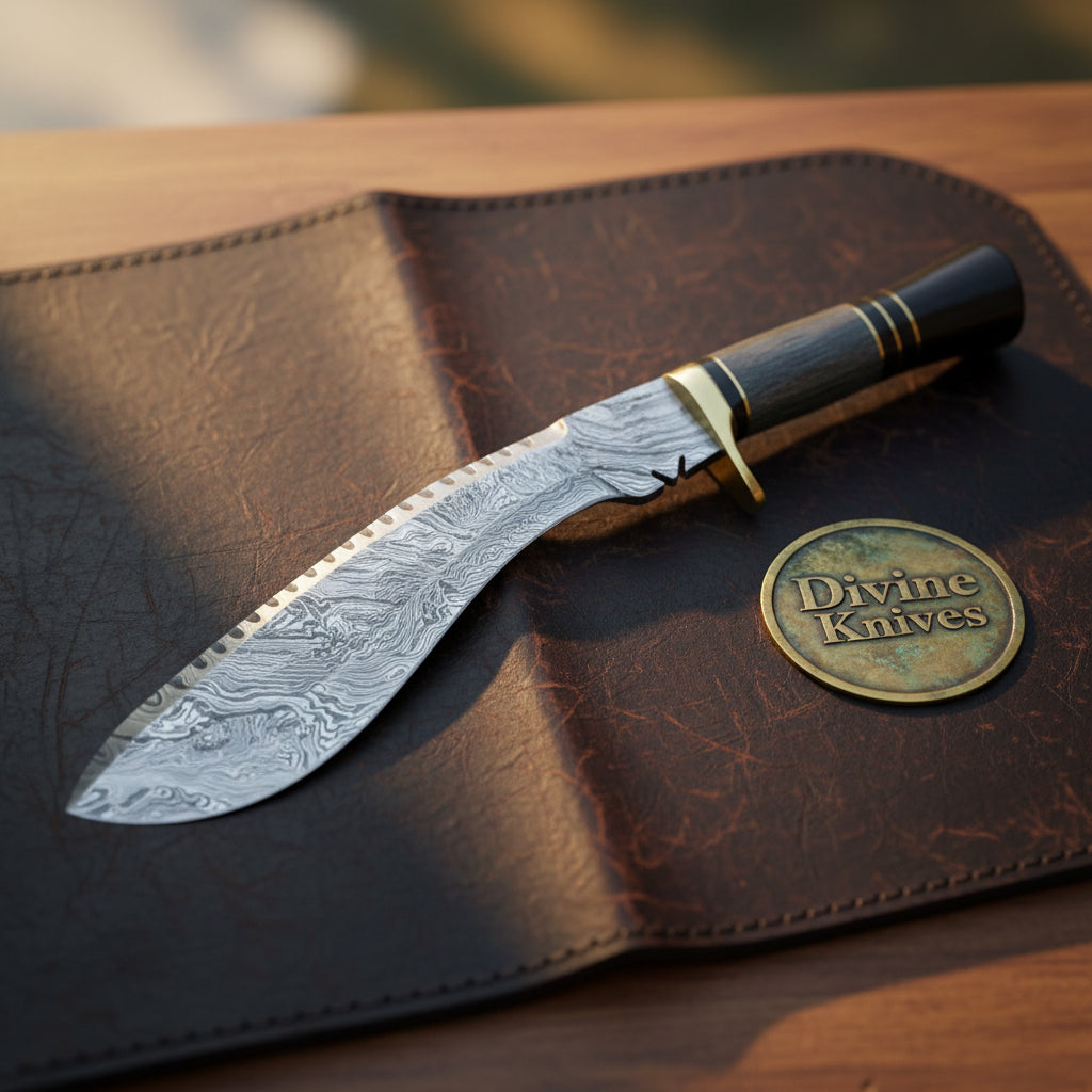 Ebony Handle Kukri Knife with Brass Guard and Forward Curved Forged Blade