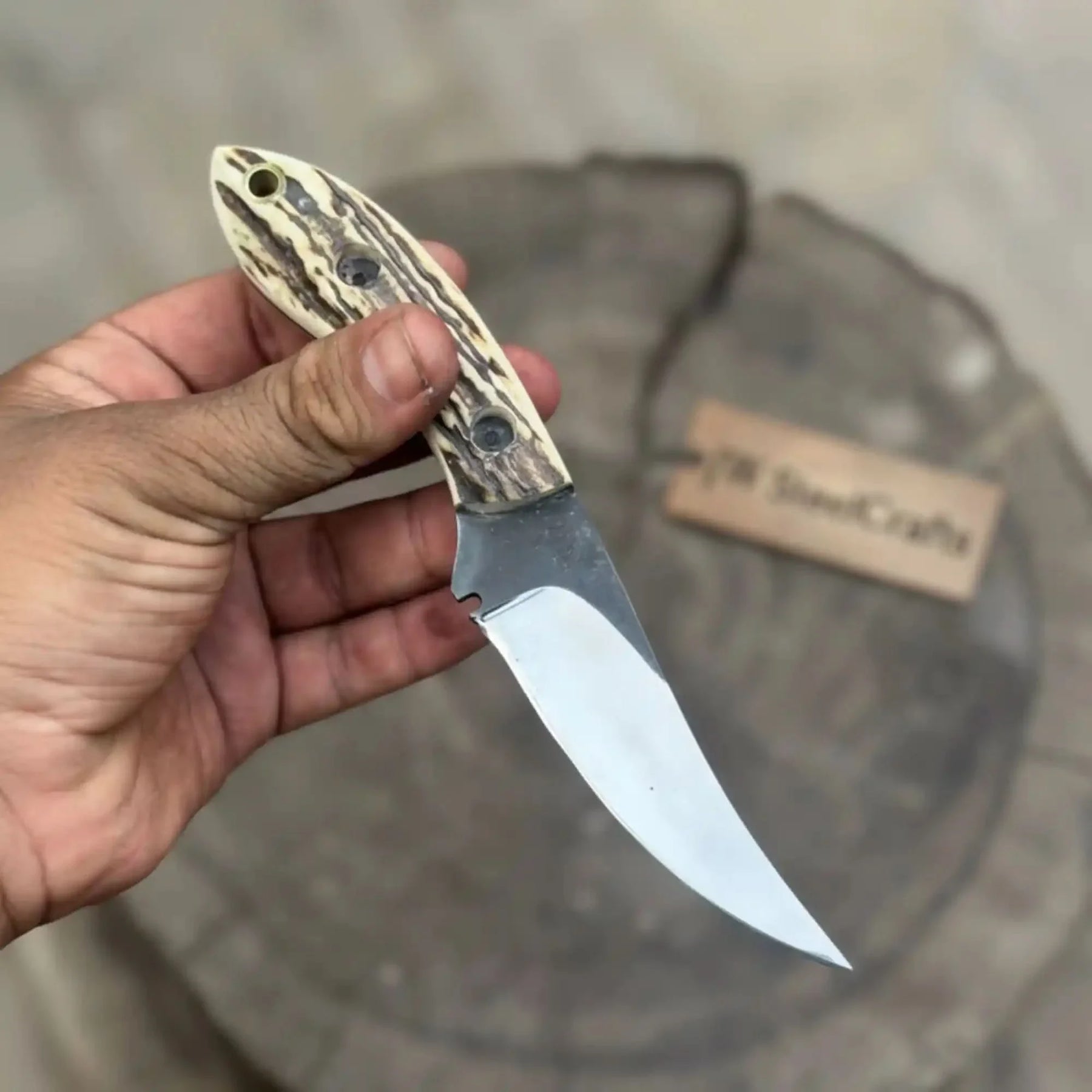 High Carbon Upswept Skinner Knife Fixed Blade Synthetic Stag Horn Handle Hunting Knife by JW SteelCrafts, Damascus knife detail photo 2