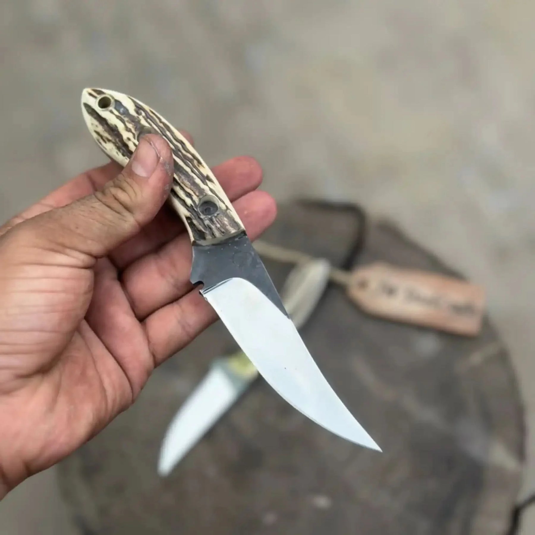 High Carbon Upswept Skinner Knife Fixed Blade Synthetic Stag Horn Handle Hunting Knife by JW SteelCrafts, Damascus knife detail photo 3