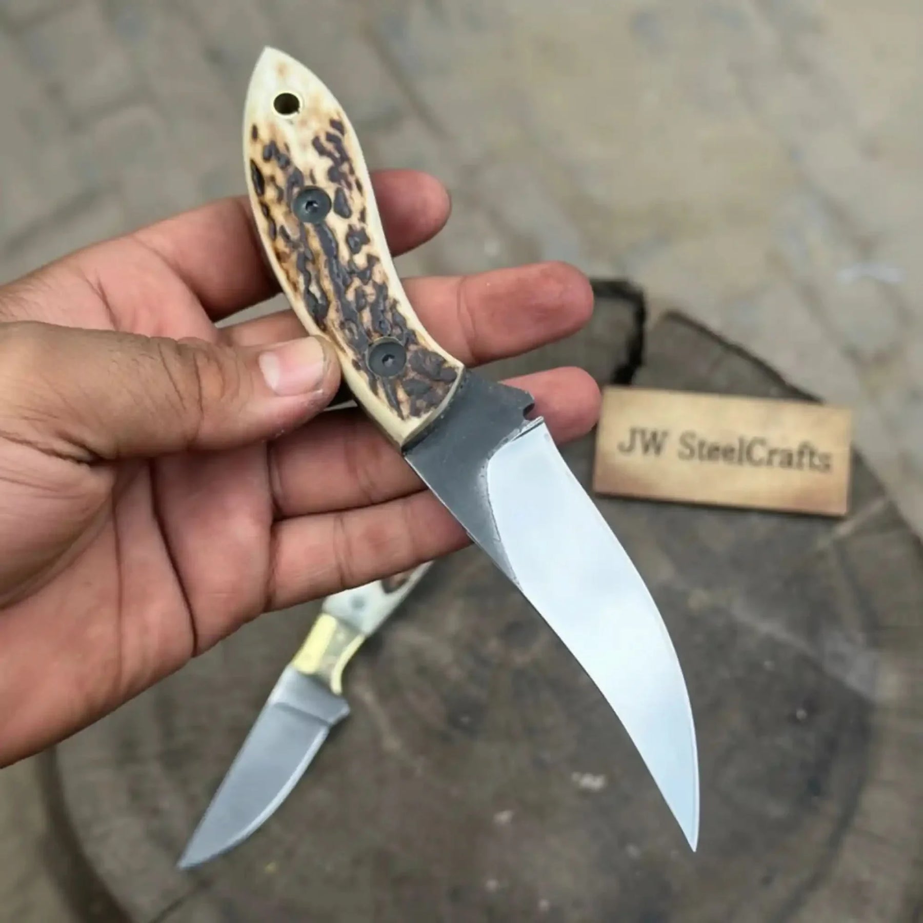 High Carbon Upswept Skinner Knife Fixed Blade Synthetic Stag Horn Handle Hunting Knife by JW SteelCrafts, Damascus knife main product photo