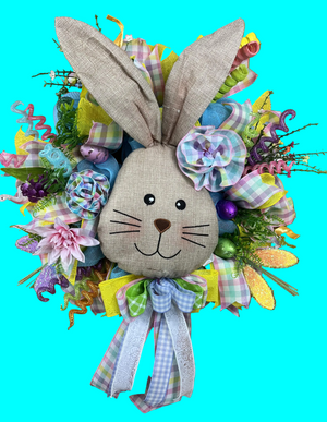 Linen Bunny Easter Wreath | Handmade Spring Front Door Wreath | Farmhouse Bunny Decor | Pastel Easter Door Hanger | Easter
