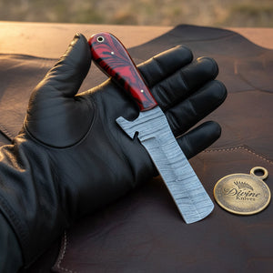 Crimson Razor Edge Bull Cutter Knife with Marbled Handle detail view by Divine Knives