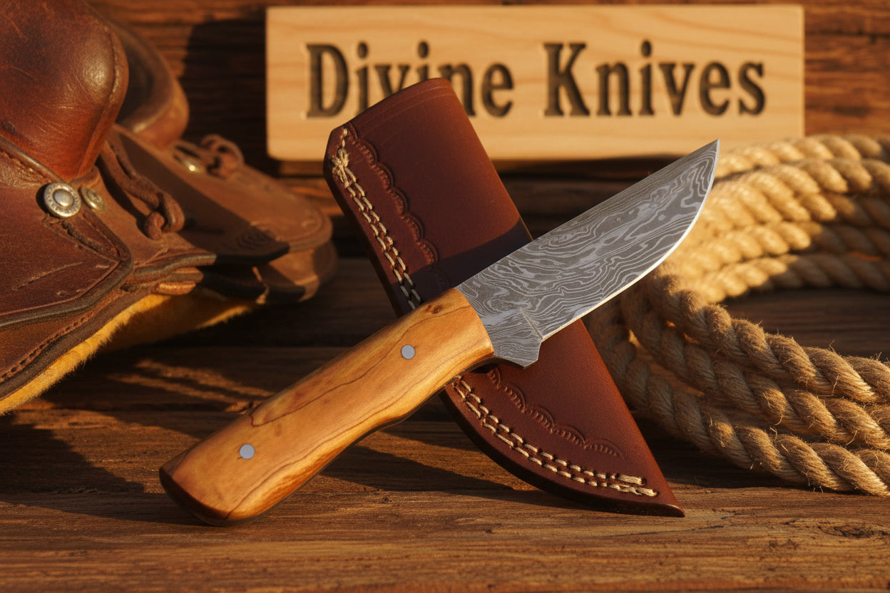 Natural Olive Wood Damascus Knife with Included Leather Sheath detail view by Divine Knives