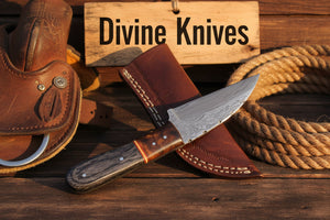 Copper Banded Two-Tone Wood Damascus Clip Point Hunting Knife detail view by Divine Knives