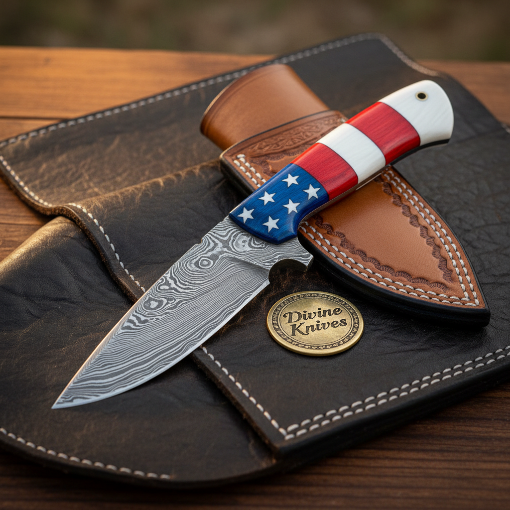 American Flag Drop Point Damascus Skinner by Divine Knives