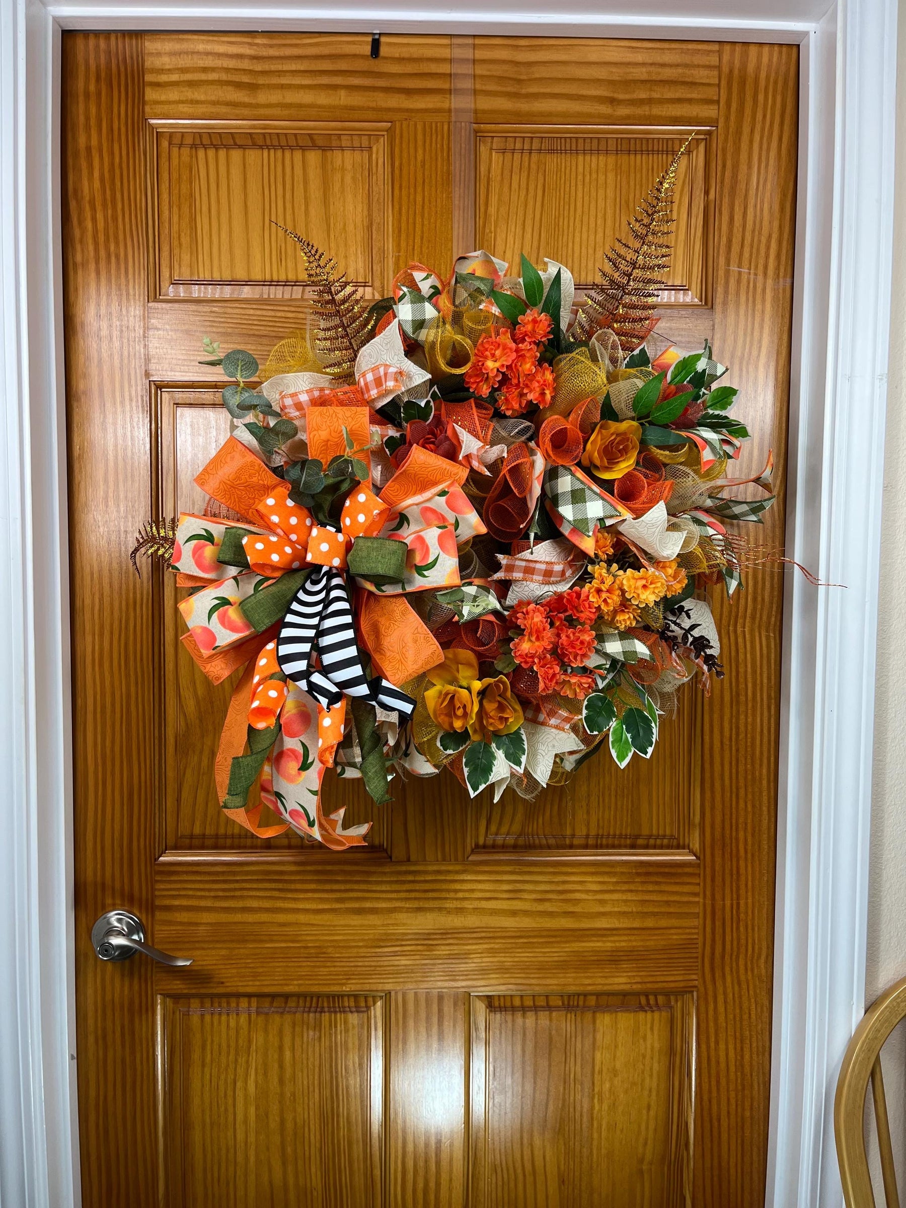 Peach & Orange Fall Wreath | Polka Dot Bow Door Decor by Bouge Creations, view 4