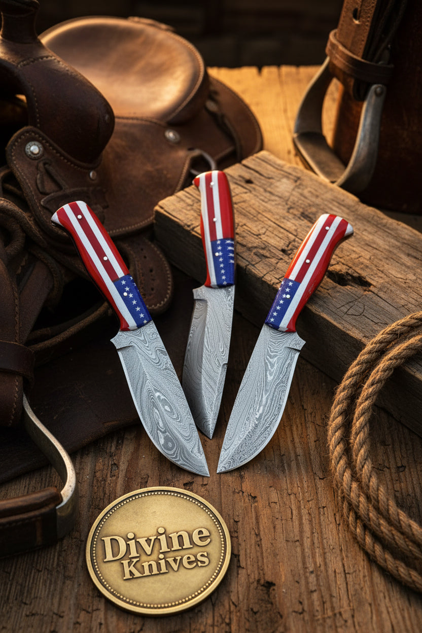 Damascus Skinner Knife Set with American Flag Handles (Set of 3) detail view by Divine Knives