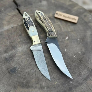 Nessmuk Style Knife Set Damascus and Polished Trailing Point Blades Stag Bone Handles by JW SteelCrafts, Damascus knife main product photo