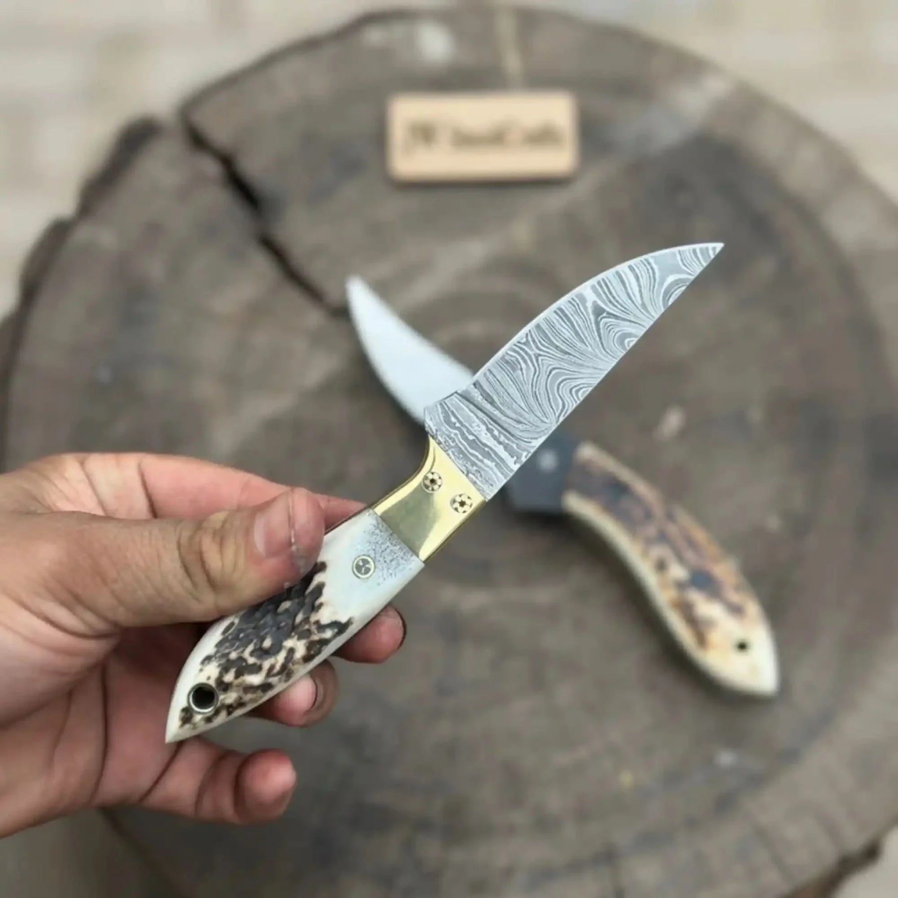 Nessmuk Style Knife Set Damascus and Polished Trailing Point Blades Stag Bone Handles by JW SteelCrafts, Damascus knife detail photo 2